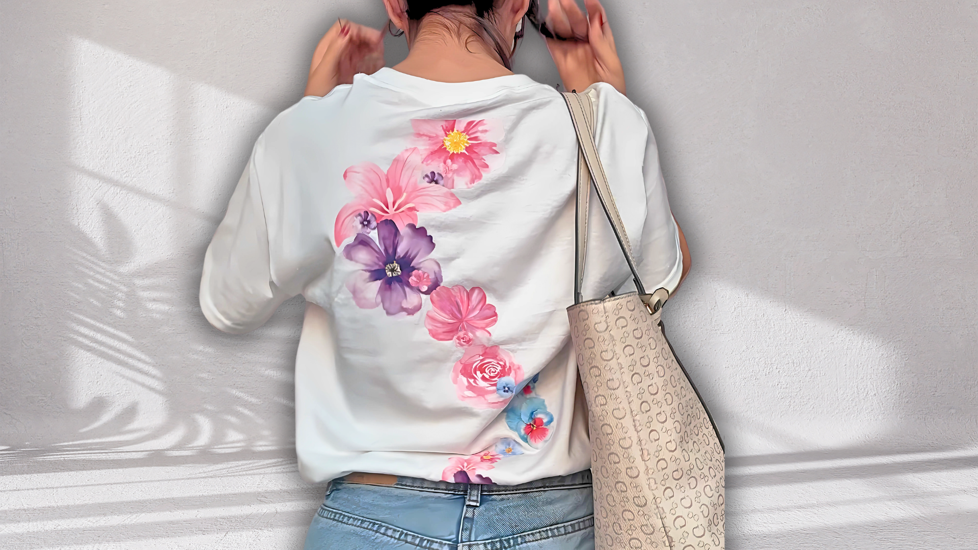 Model wearing a custom spine t-shirt